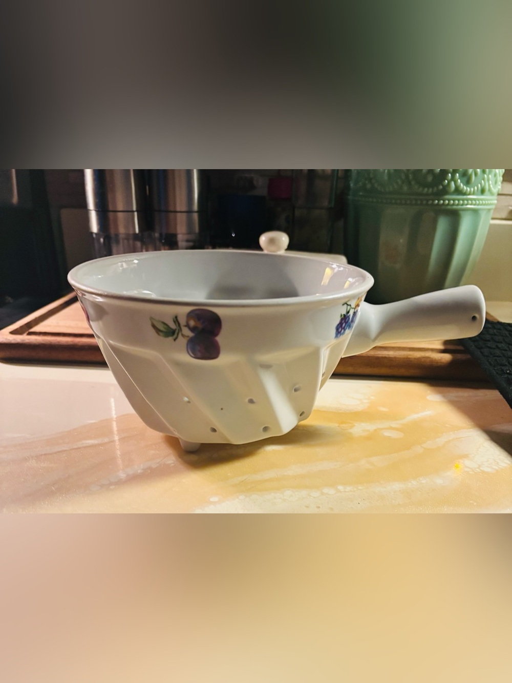 White Ceramic Handled Fruit Strainer with Plum Accent
